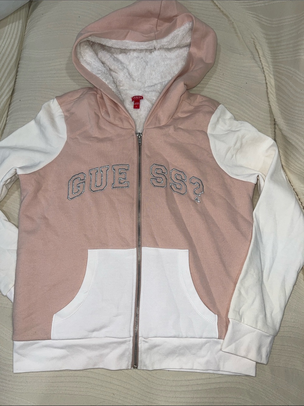 NWOT Guess Pink and White Hooded Zip-Up Jacket